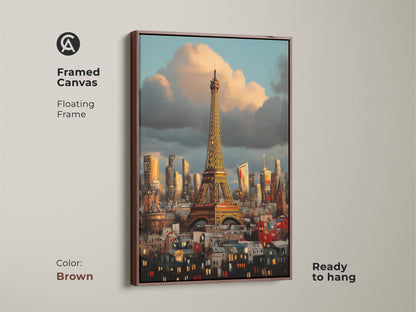 Framed canvas of the Eiffel Tower art with a floating brown frame. Ready to hang Impressionist cityscape art print. Showcases blue orange and golden yellow colors in a contemporary style.