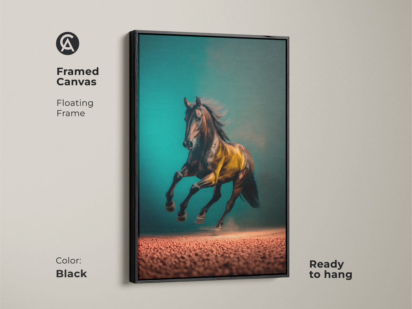 A framed canvas of a running horse artwork in a floating black frame. This equestrian print features a teal background with brown and gold accents. Ready to hang this animal art is perfect for home or office decor. A striking piece for wildlife art enthusiasts. Enhance your space with this sophisticated horse painting.