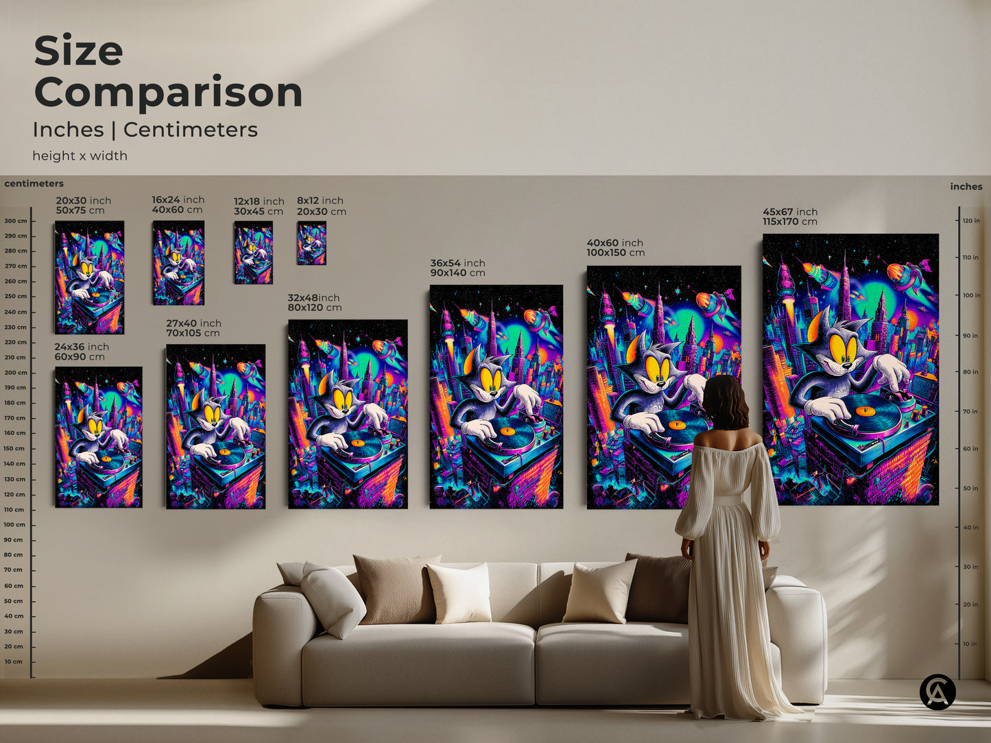 Size comparison of Tom and Jerry DJ art prints in inches and centimeters. Visualize the artwork in different sizes ranging from small to large. Perfect for any space. Choose the ideal size to complement your home decor and style preference.