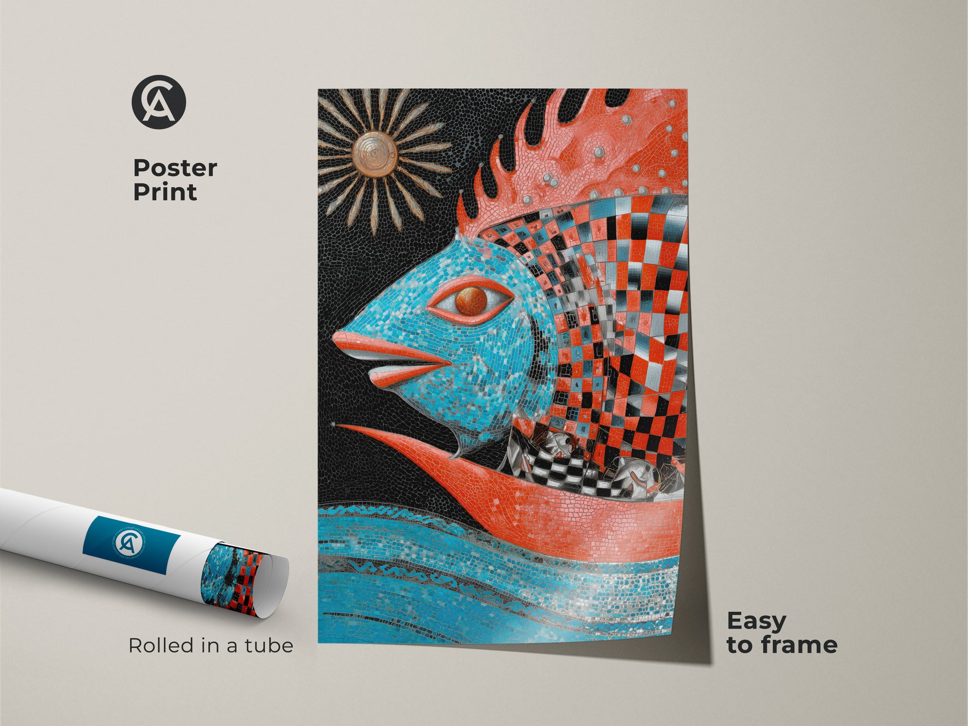 Showcase your love for ocean themes with this poster print. The easy-to-frame design suits any home. It features a blue red sun artwork. This abstract mosaic art brings surrealism to your walls.