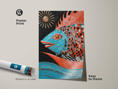 Showcase your love for ocean themes with this poster print. The easy-to-frame design suits any home. It features a blue red sun artwork. This abstract mosaic art brings surrealism to your walls.