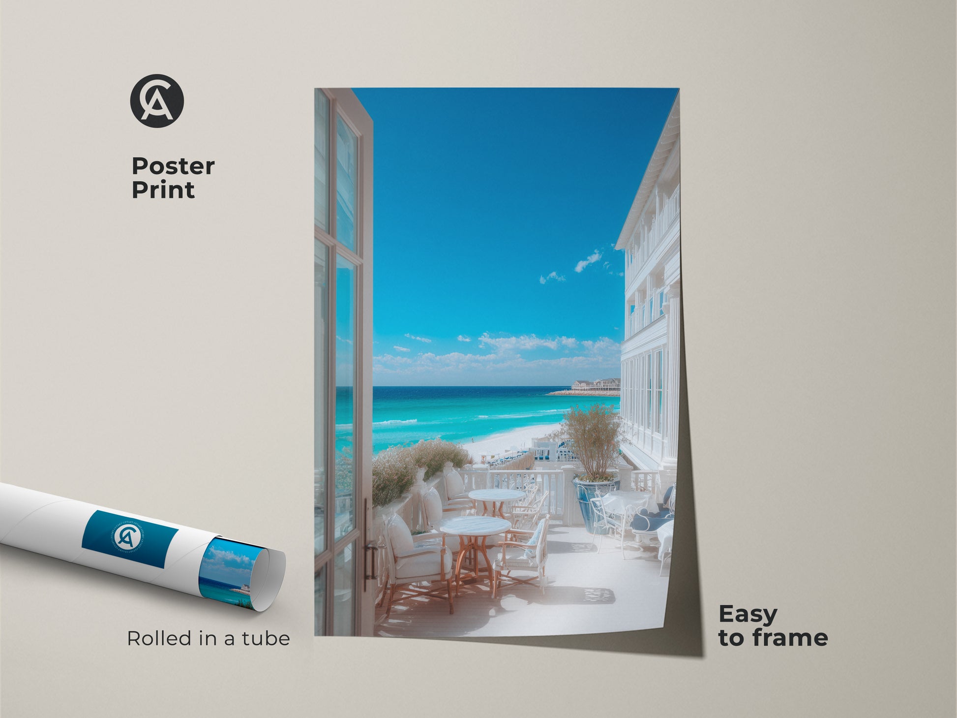 Poster print art displaying a beautiful balcony overlooking a turquoise beach. Rolled in a tube for protection. This easy-to-frame print brings a coastal escape to your home decor. Museum-quality paper