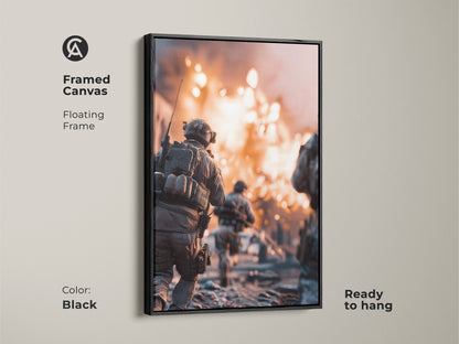 A framed canvas features military action art. A soldier runs through an explosion. With a floating frame this gritty cinematic artwork is ready to hang. The black frame enhances this powerful military decor for an office or man cave.