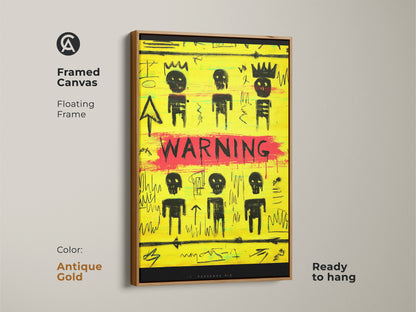 Framed canvas with antique gold floating frame. This yellow and black graffiti artwork features skull motifs. Ready to hang for a modern look. Perfect as office wall art. A unique art lover present that adds a raw aesthetic to any space.