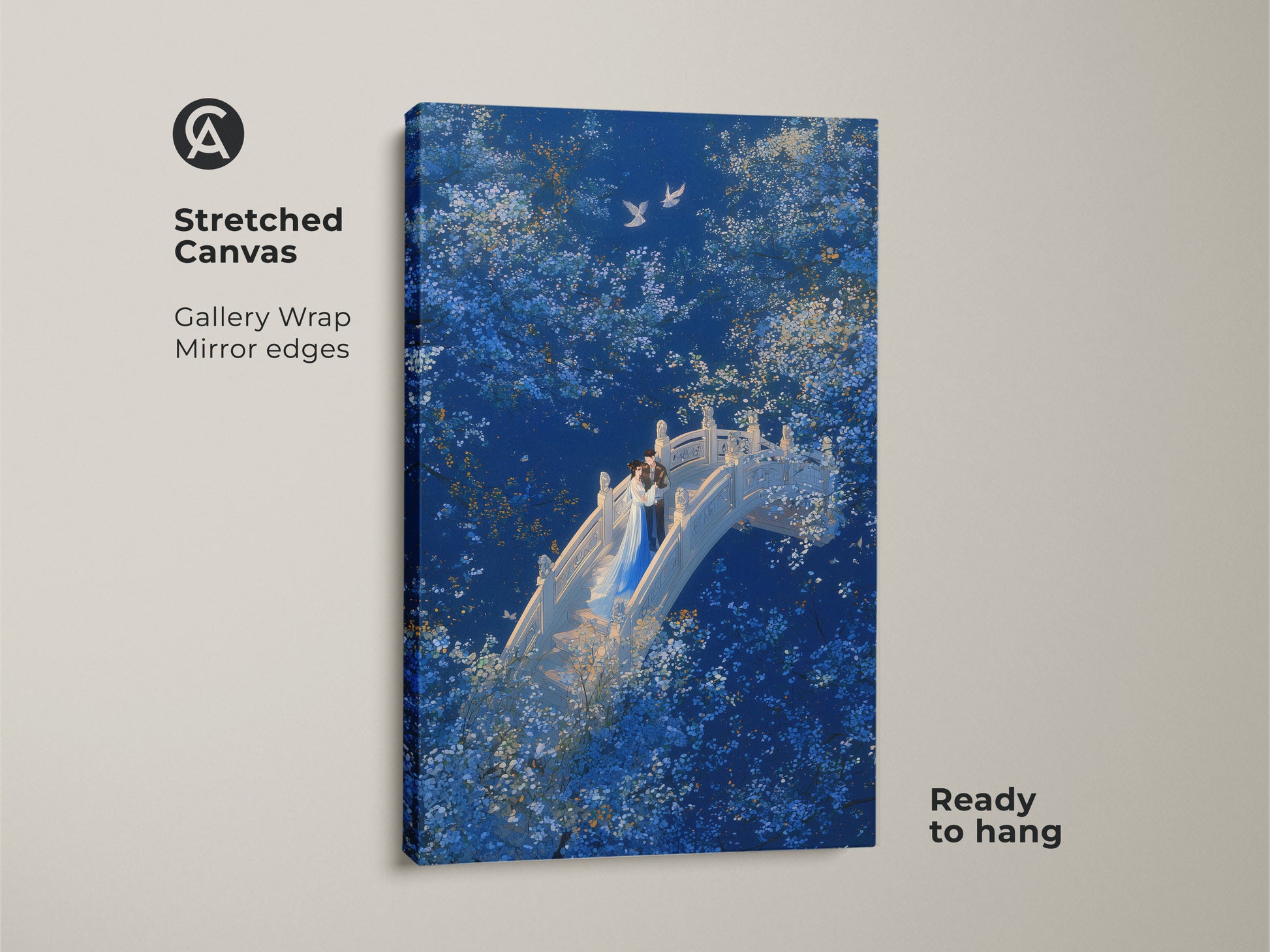 This is a stretched canvas of a Couple on Bridge Wall Art. It is a Deep Blue Romantic Art piece with White Blossom details. This Fantasy Nature Couple Art is ready to hang. It makes a perfect Anniversary Gift for Lovers. Enhance your bedroom wall decor with this blue scene.