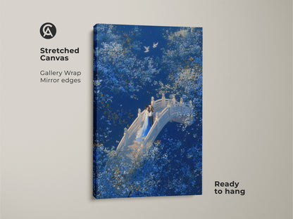 This is a stretched canvas of a Couple on Bridge Wall Art. It is a Deep Blue Romantic Art piece with White Blossom details. This Fantasy Nature Couple Art is ready to hang. It makes a perfect Anniversary Gift for Lovers. Enhance your bedroom wall decor with this blue scene.