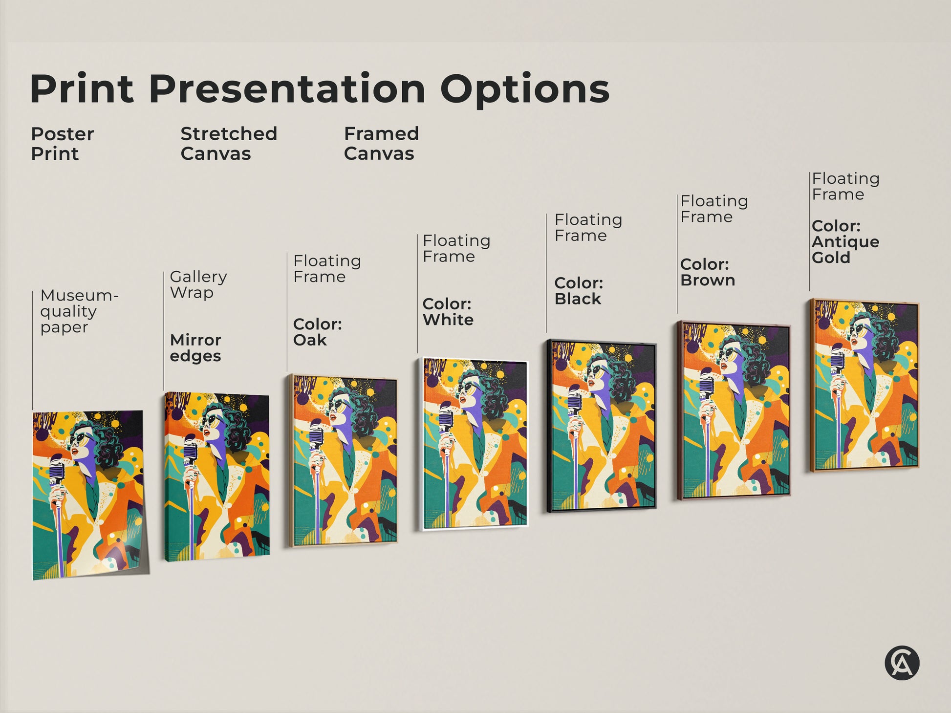 Print presentation options for retro pop art singer artwork. Options include poster print stretched canvas and framed canvas. Each features the colorful singer with a vintage microphone.