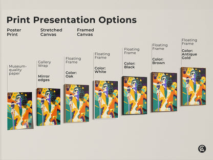 Print presentation options for retro pop art singer artwork. Options include poster print stretched canvas and framed canvas. Each features the colorful singer with a vintage microphone.