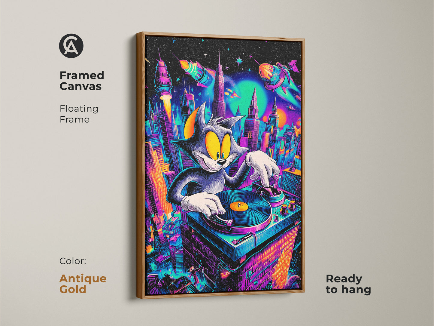 Framed canvas of Tom and Jerry DJ artwork with an antique gold floating frame. Ready to hang. The artwork features Tom cat as a DJ in a vibrant city setting. A unique and eye-catching piece for any room. Perfect for cartoon art fans.