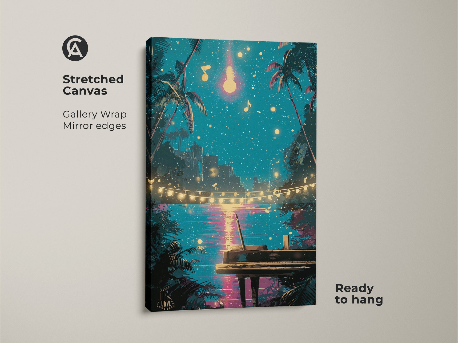 Discover this retro piano canvas art on stretched canvas. The gallery wrap features mirrored edges for a seamless look. It showcases palm trees under a teal night sky. Pink accents highlight musical notes creating an eclectic vibe. This synthwave ocean view art is ready to hang