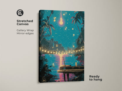 Discover this retro piano canvas art on stretched canvas. The gallery wrap features mirrored edges for a seamless look. It showcases palm trees under a teal night sky. Pink accents highlight musical notes creating an eclectic vibe. This synthwave ocean view art is ready to hang