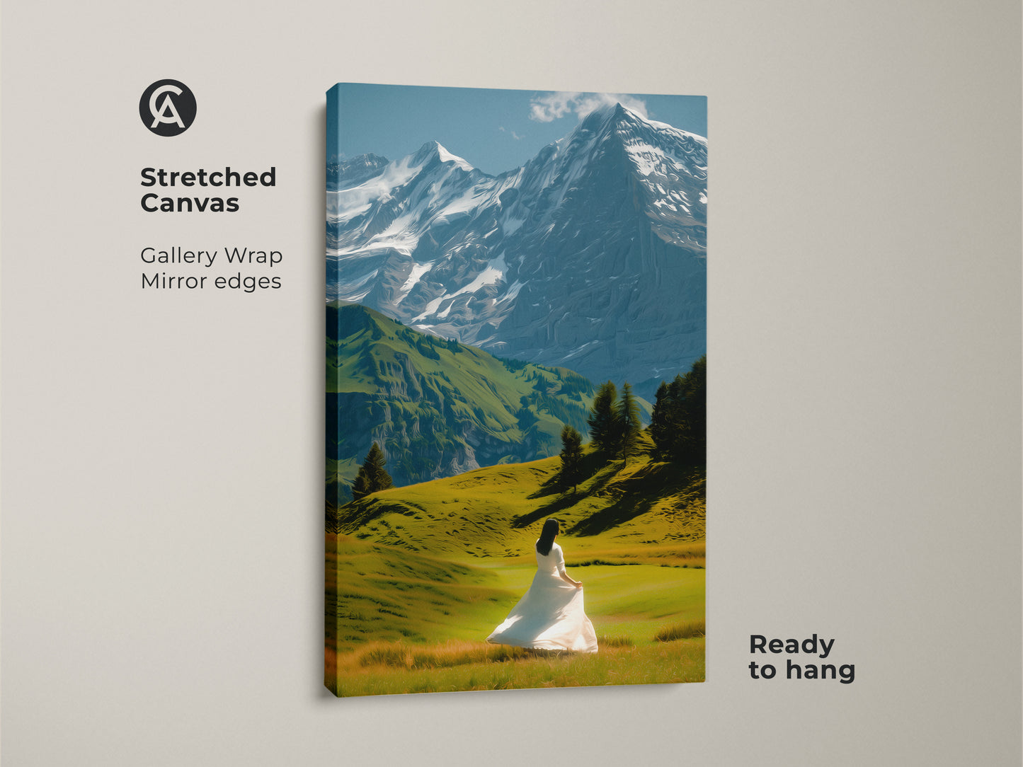 A stretched canvas print of a snowy mountain landscape. This gallery-wrapped canvas features mirror edges. A woman in a white dress stands in a lush green field. Ready to hang this artwork brings nature scenery into your home. An outdoor scenic view print with ethereal charm.