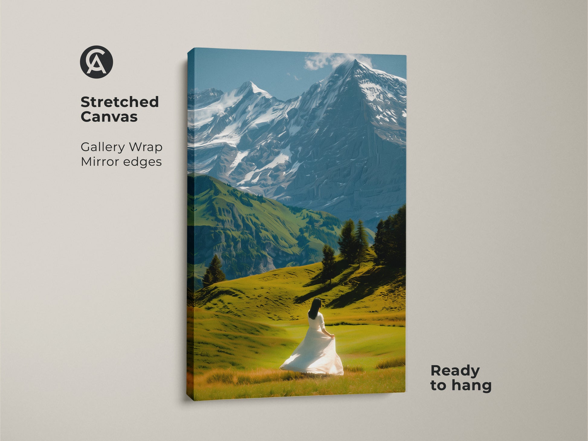 A stretched canvas print of a snowy mountain landscape. This gallery-wrapped canvas features mirror edges. A woman in a white dress stands in a lush green field. Ready to hang this artwork brings nature scenery into your home. An outdoor scenic view print with ethereal charm.