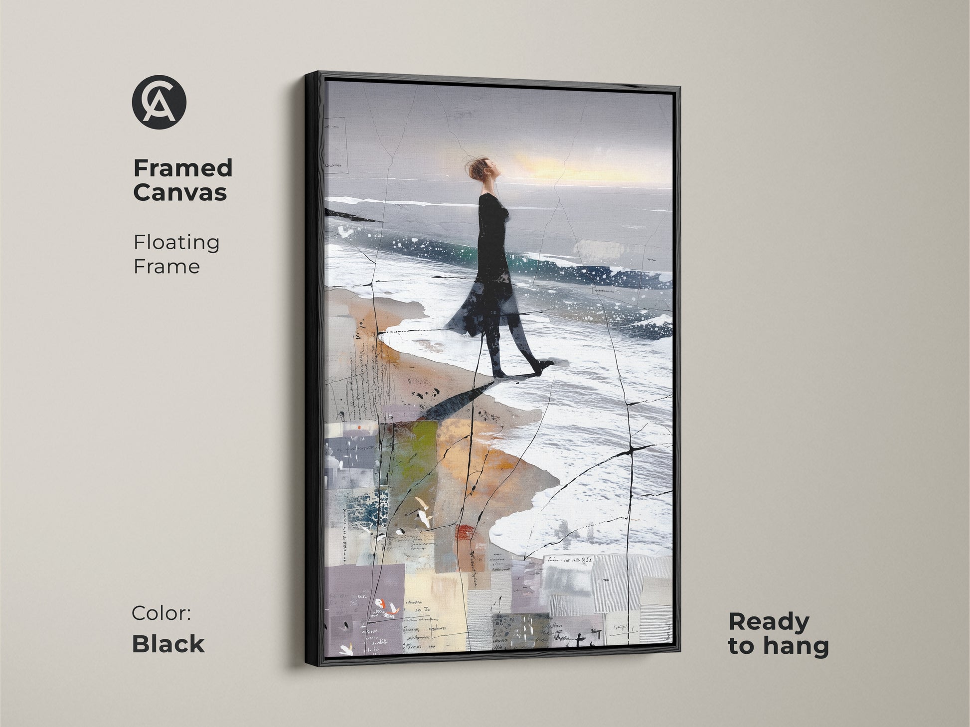Framed canvas of an abstract woman beach art print. It's a floating frame in black. Ready to hang. This coastal figure study canvas is perfect for contemporary bedroom decor or as wall art.