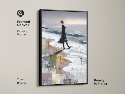Framed canvas of an abstract woman beach art print. It's a floating frame in black. Ready to hang. This coastal figure study canvas is perfect for contemporary bedroom decor or as wall art.
