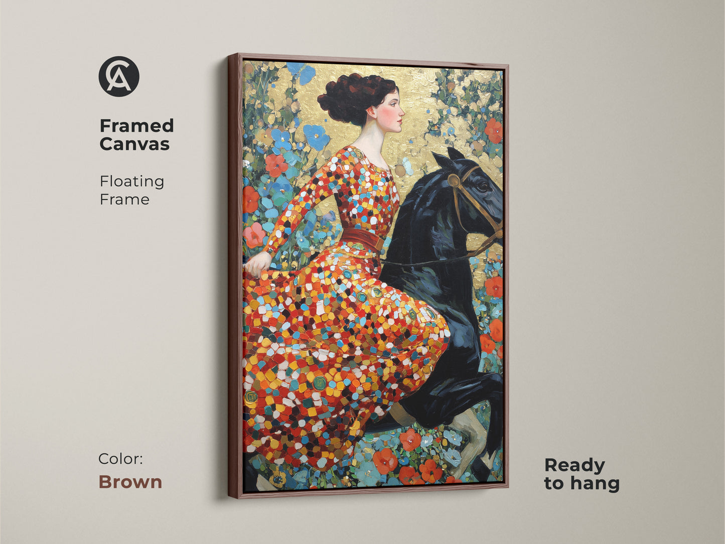 Framed canvas print featuring a woman riding a horse in the art nouveau style. The floating frame has a brown finish. This eclectic bedroom decor showcases red orange gold floral art. Enhance your home with this vintage equestrian art piece. A perfect housewarming gift.