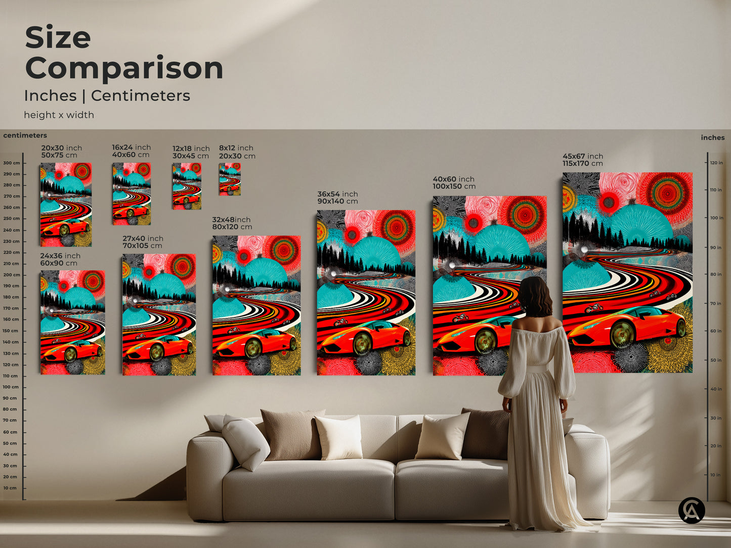 Size comparison of Pop Art canvas prints. See the abstract landscape with a sports car and motorcycles in various sizes. Unique wall art that makes a great car enthusiast gift. Choose the perfect modern art print for your garage wall decor.