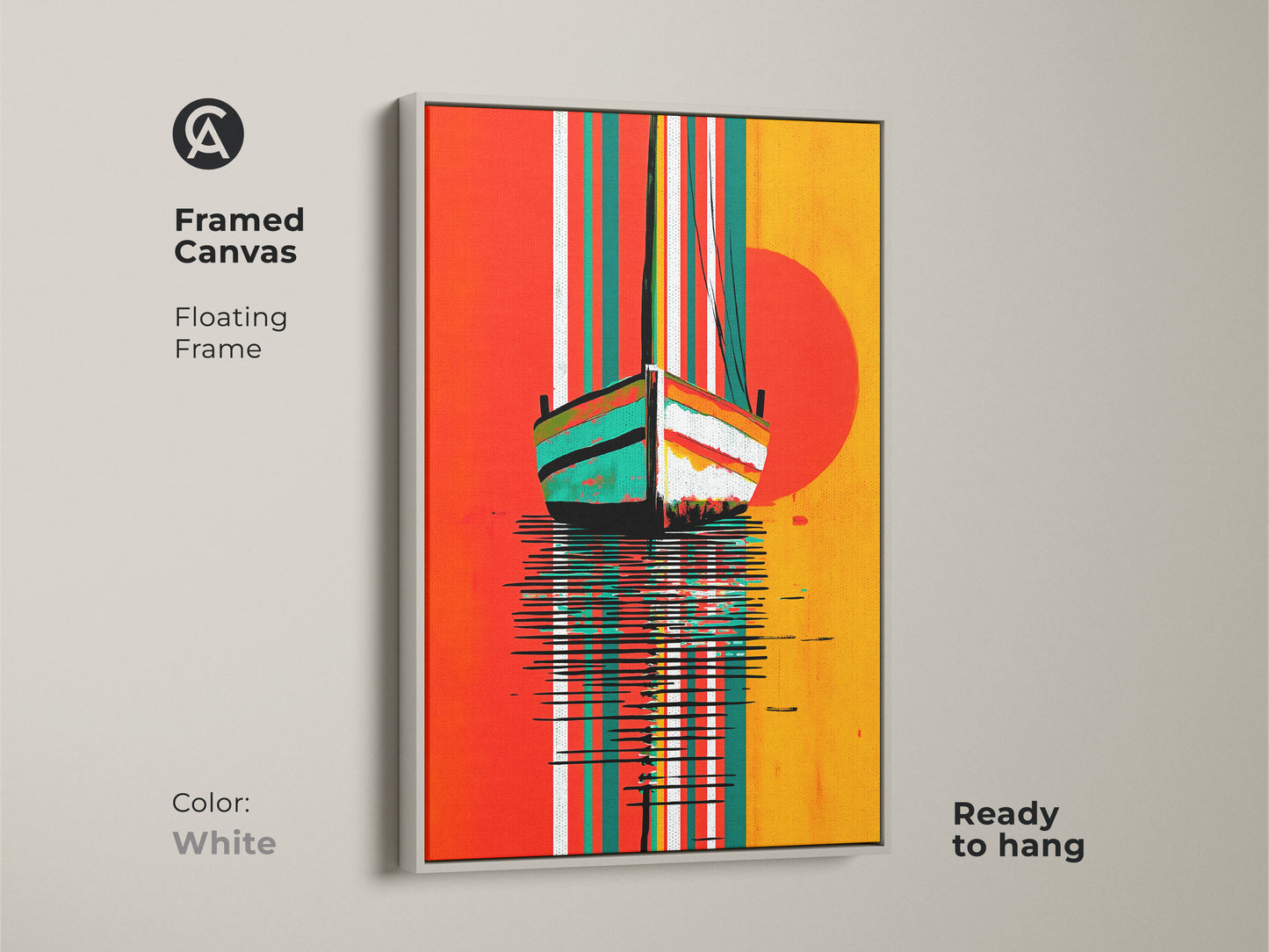 A white framed canvas features abstract seascape artwork. The nautical sailboat sunset print has orange yellow and teal accents. This coastal art is ready for any wall.