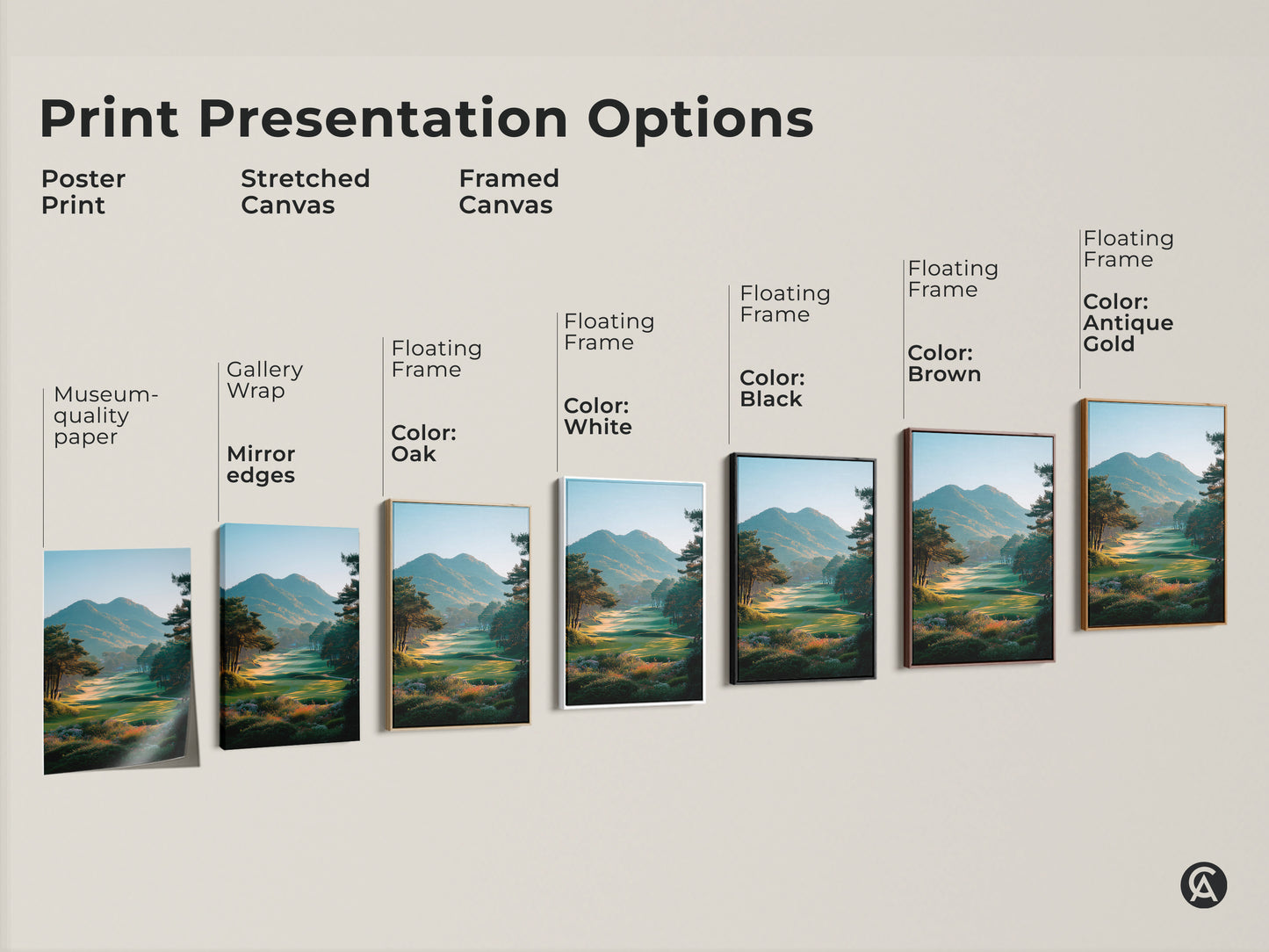 Explore print presentation options for golf course landscape art. Choose from poster prints stretched canvas and framed canvas. Customize your golf course art with various floating frame colors. Find the perfect golf artwork for your space.