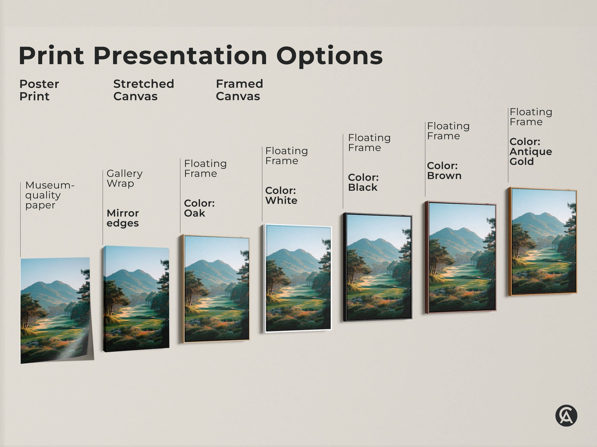 Explore print presentation options for golf course landscape art. Choose from poster prints stretched canvas and framed canvas. Customize your golf course art with various floating frame colors. Find the perfect golf artwork for your space.