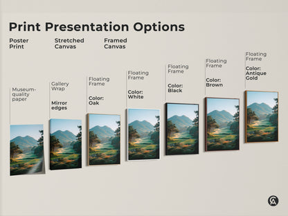 Explore print presentation options for golf course landscape art. Choose from poster prints stretched canvas and framed canvas. Customize your golf course art with various floating frame colors. Find the perfect golf artwork for your space.
