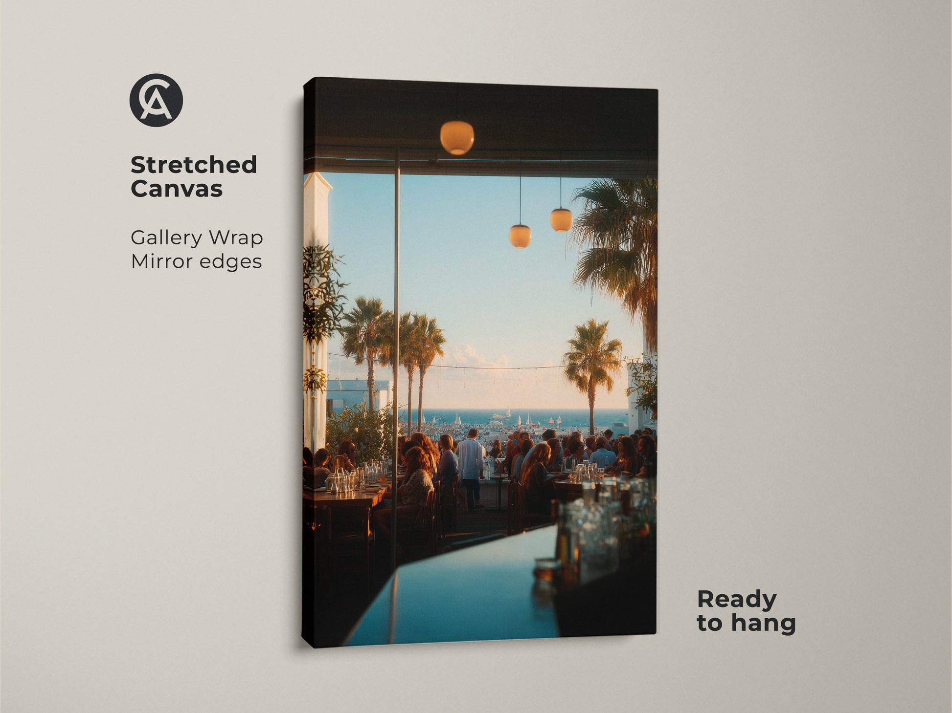 Stretched canvas artwork featuring a bustling restaurant with a coastal view. The gallery wrap and mirror edges enhance the visual appeal. Ready to hang this piece brings a touch of elegance to any room. The perfect addition for art lovers.
