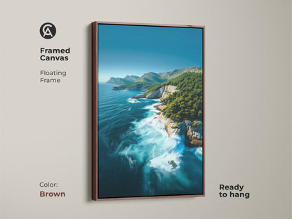 Antique Gold framed Coastal Cliff Canvas. Features turquoise ocean waves and pine trees. Ready to hang nature seascape artwork. Perfect for coastal bedroom wall decor. A serene ocean view print.