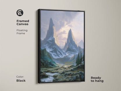 Framed canvas featuring a black floating frame around mountain art. This large nature artwork is ready to hang. Coastal mountain art depicts a serene landscape print with teal green accents.