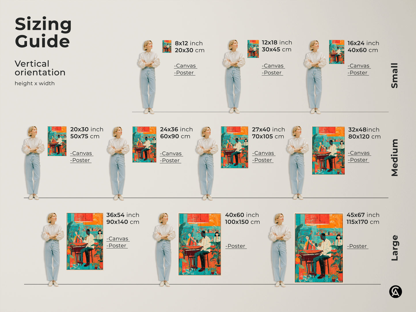 Sizing guide for vertical orientation of the eclectic jazz band artwork. Canvas and poster options are shown in various sizes with a model for scale. Art Deco style wall art.