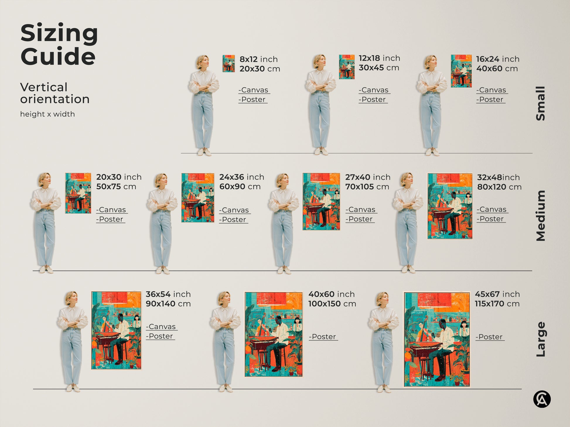 Sizing guide for vertical orientation of the eclectic jazz band artwork. Canvas and poster options are shown in various sizes with a model for scale. Art Deco style wall art.