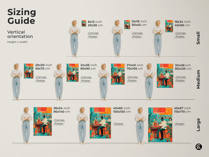 Sizing guide for vertical orientation of the eclectic jazz band artwork. Canvas and poster options are shown in various sizes with a model for scale. Art Deco style wall art.