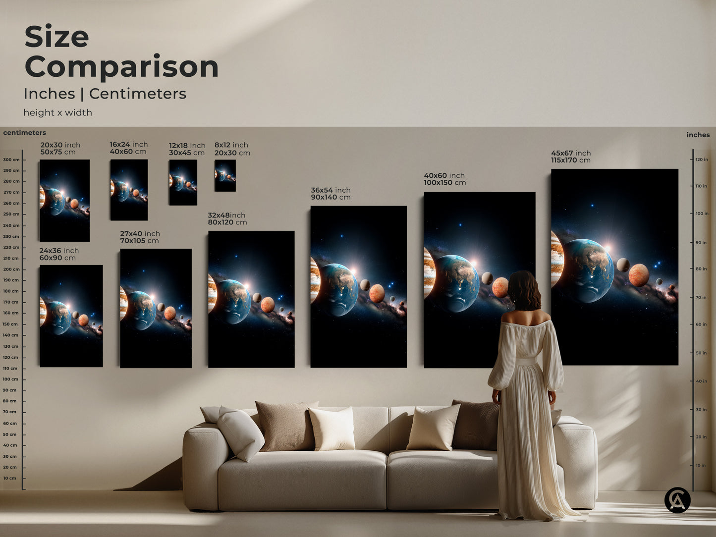 Size comparison of solar system artwork in inches and centimeters. See how different sizes fit above a couch. Available in various dimensions to suit your space. Visualize the impact of each artwork size.