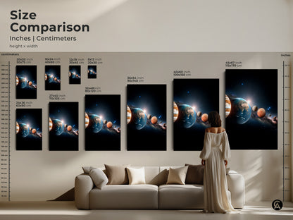 Size comparison of solar system artwork in inches and centimeters. See how different sizes fit above a couch. Available in various dimensions to suit your space. Visualize the impact of each artwork size.