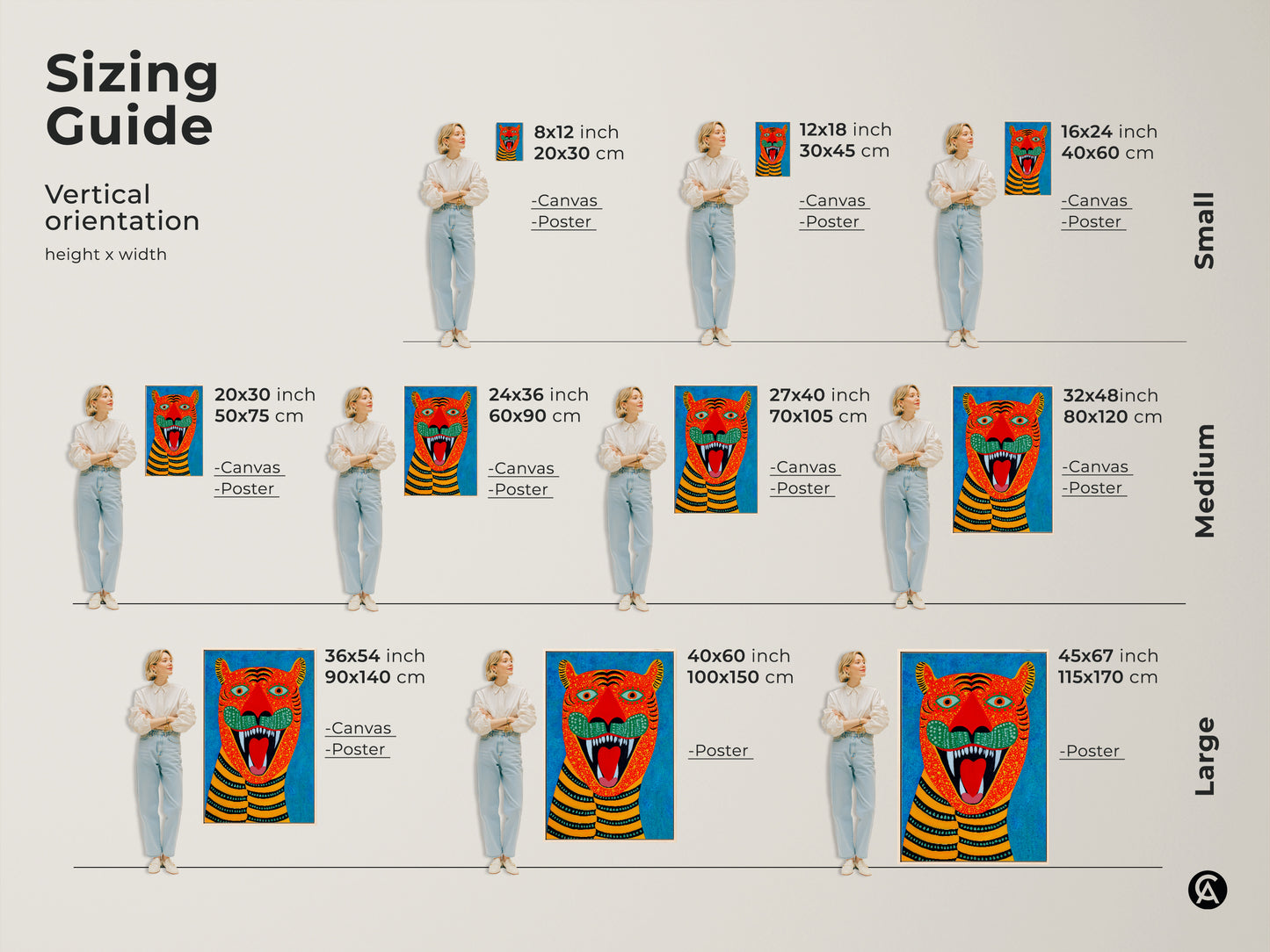Sizing guide for vertical folk art tiger artwork. See canvas and poster options in small medium and large sizes. Visualize how this naive art animal print fits in any space. Perfect for wildlife art lovers.
