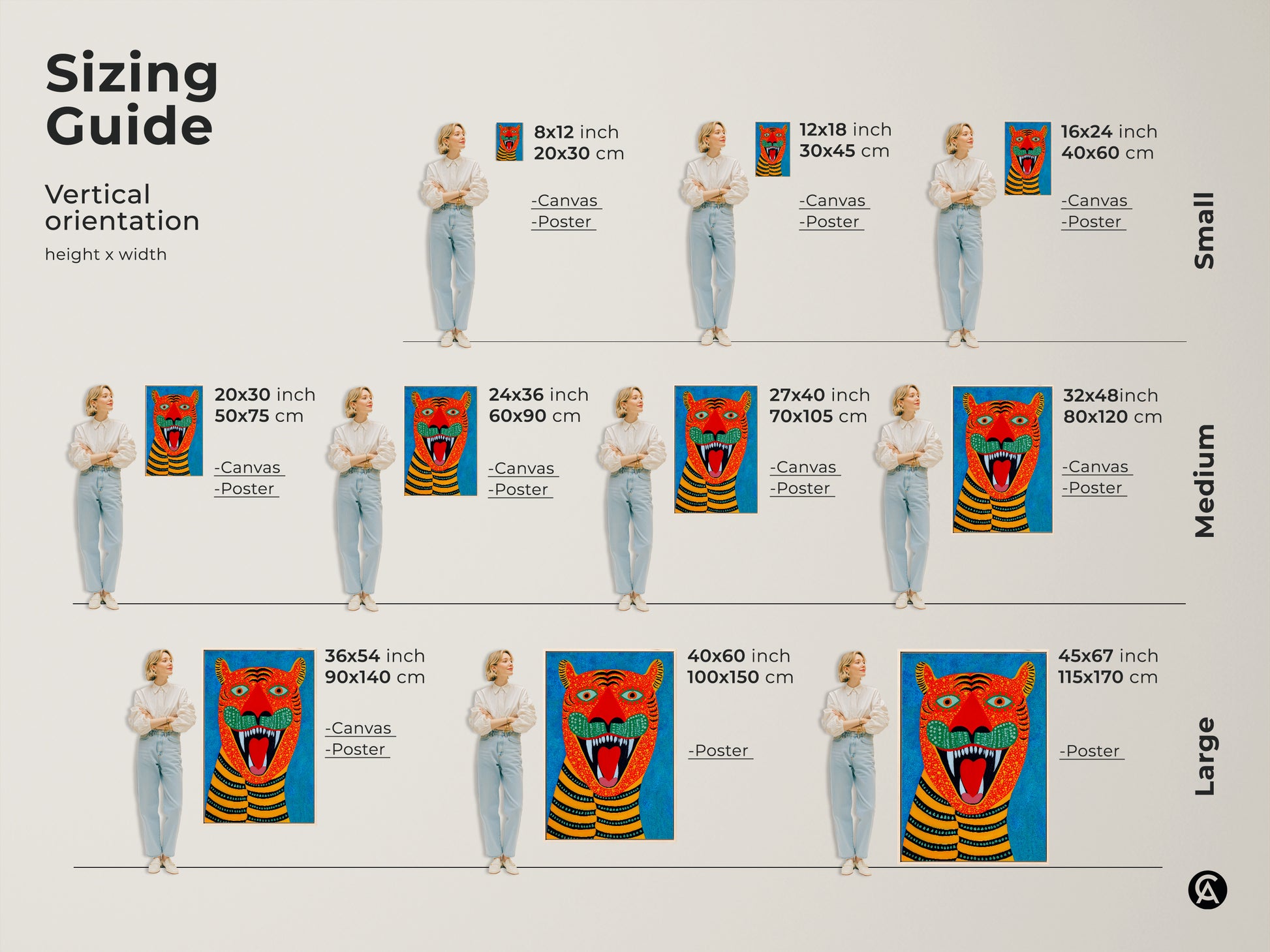 Sizing guide for vertical folk art tiger artwork. See canvas and poster options in small medium and large sizes. Visualize how this naive art animal print fits in any space. Perfect for wildlife art lovers.