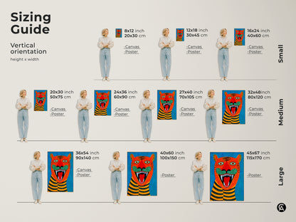 Sizing guide for vertical folk art tiger artwork. See canvas and poster options in small medium and large sizes. Visualize how this naive art animal print fits in any space. Perfect for wildlife art lovers.