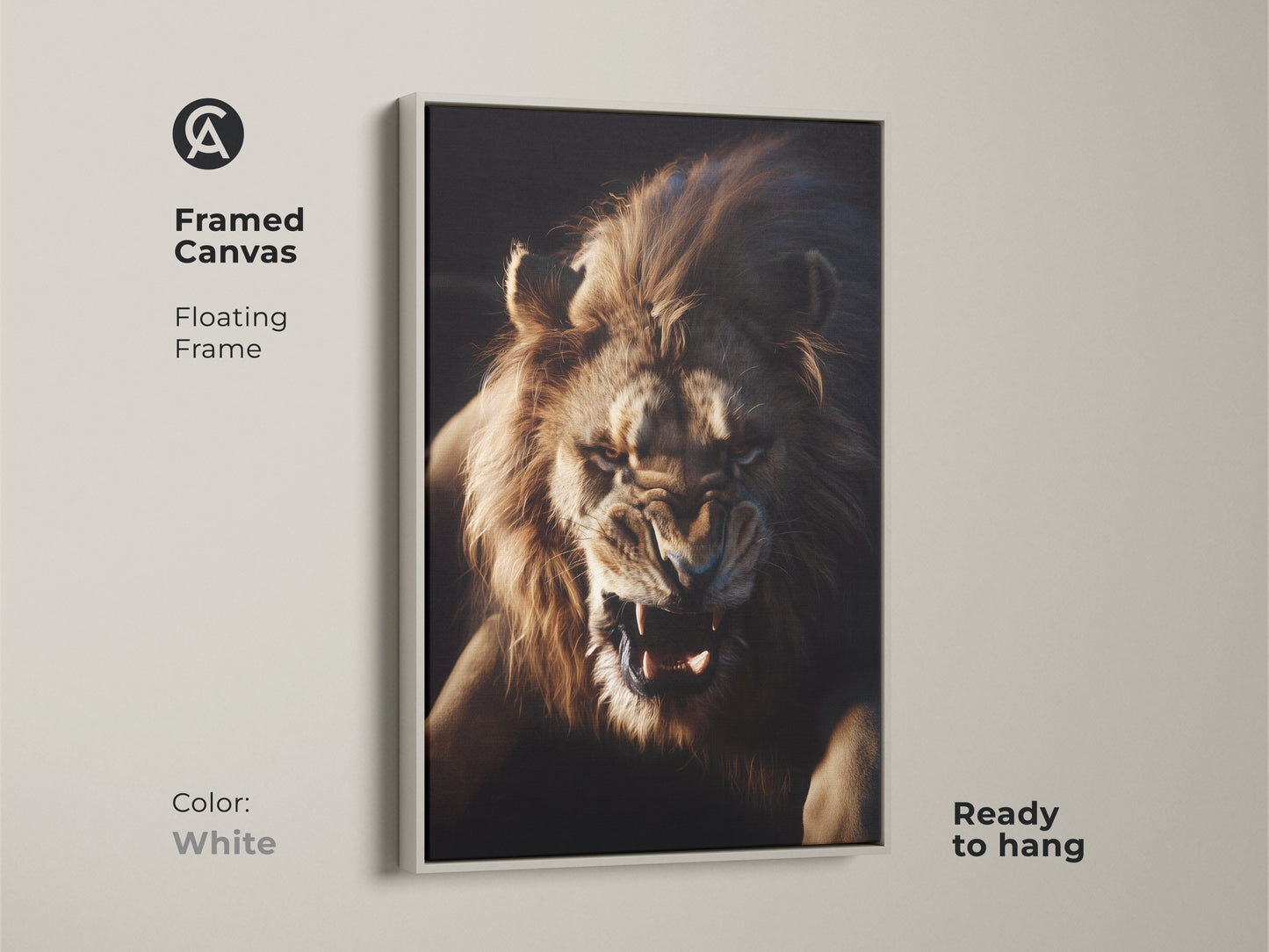 Fierce Lion Face Wall Art on framed canvas with a floating frame in white. This wildlife animal poster decor is ready to hang. The golden brown amber tones bring out the beauty of wildlife. A great gift for lion lovers or as powerful animal wall art.