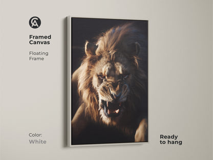Fierce Lion Face Wall Art on framed canvas with a floating frame in white. This wildlife animal poster decor is ready to hang. The golden brown amber tones bring out the beauty of wildlife. A great gift for lion lovers or as powerful animal wall art.