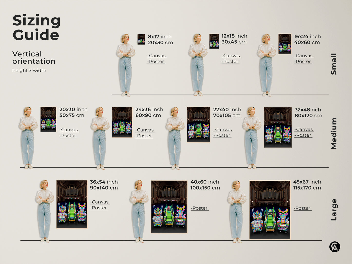Sizing guide for vertical cyberpunk fantasy chair artwork. Options include canvas and poster prints. Available in small medium and large sizes. Perfect for creating an eclectic entertainment room or artistic living room piece.