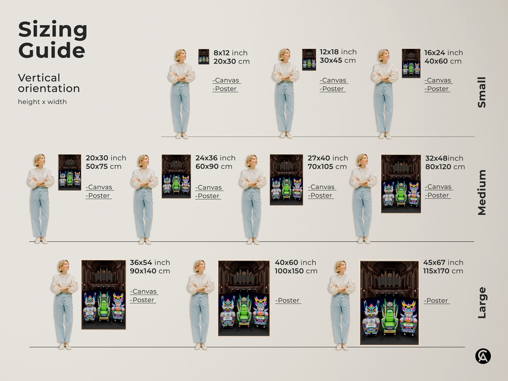 Sizing guide for vertical cyberpunk fantasy chair artwork. Options include canvas and poster prints. Available in small medium and large sizes. Perfect for creating an eclectic entertainment room or artistic living room piece.