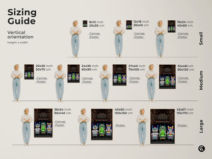 Sizing guide for vertical cyberpunk fantasy chair artwork. Options include canvas and poster prints. Available in small medium and large sizes. Perfect for creating an eclectic entertainment room or artistic living room piece.