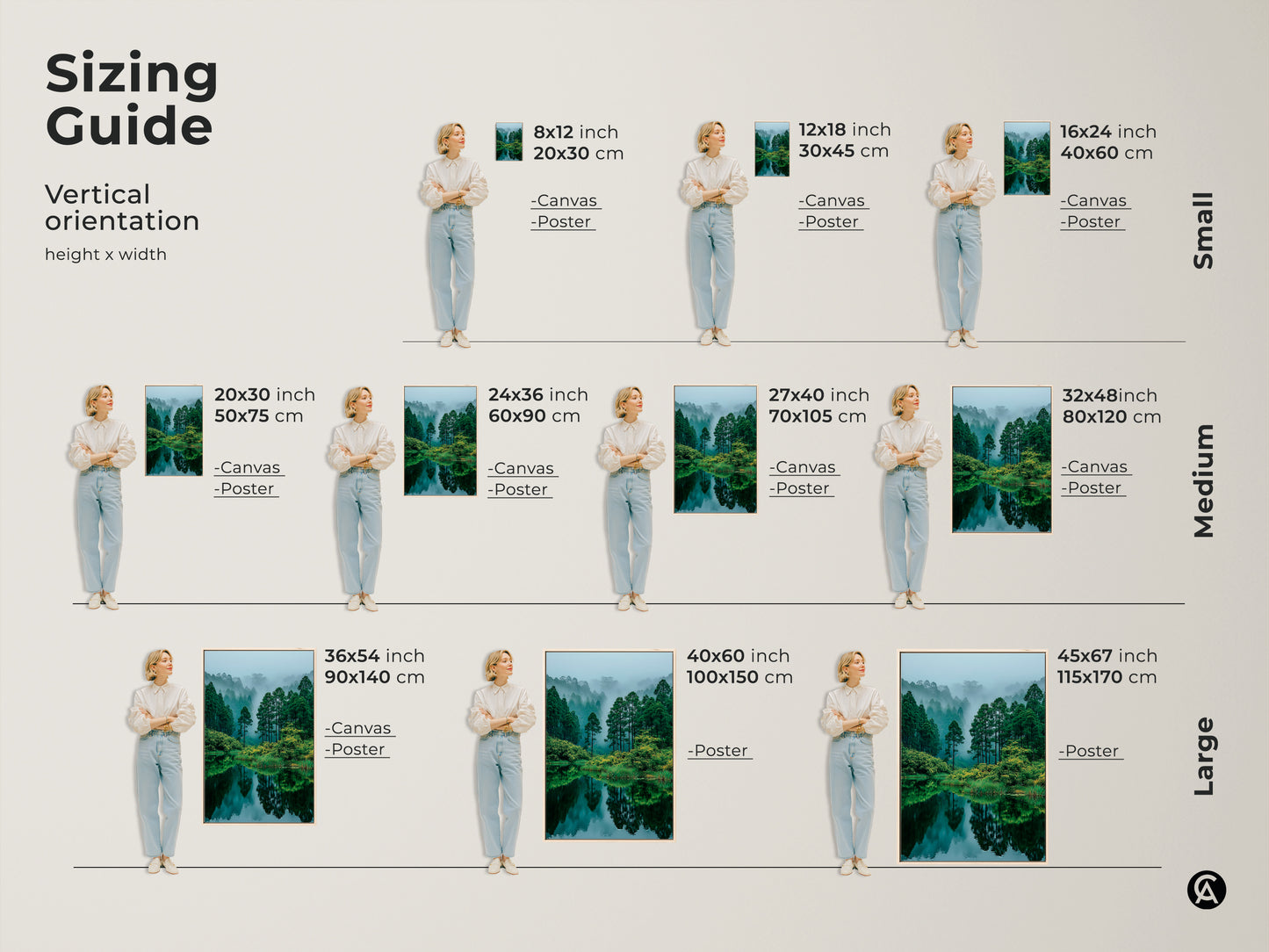 Sizing guide for vertical orientation forest lake artwork. Available in small medium and large sizes. Perfect for canvas or poster prints. Find the ideal fit for your space with our size chart.