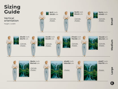 Sizing guide for vertical orientation forest lake artwork. Available in small medium and large sizes. Perfect for canvas or poster prints. Find the ideal fit for your space with our size chart.