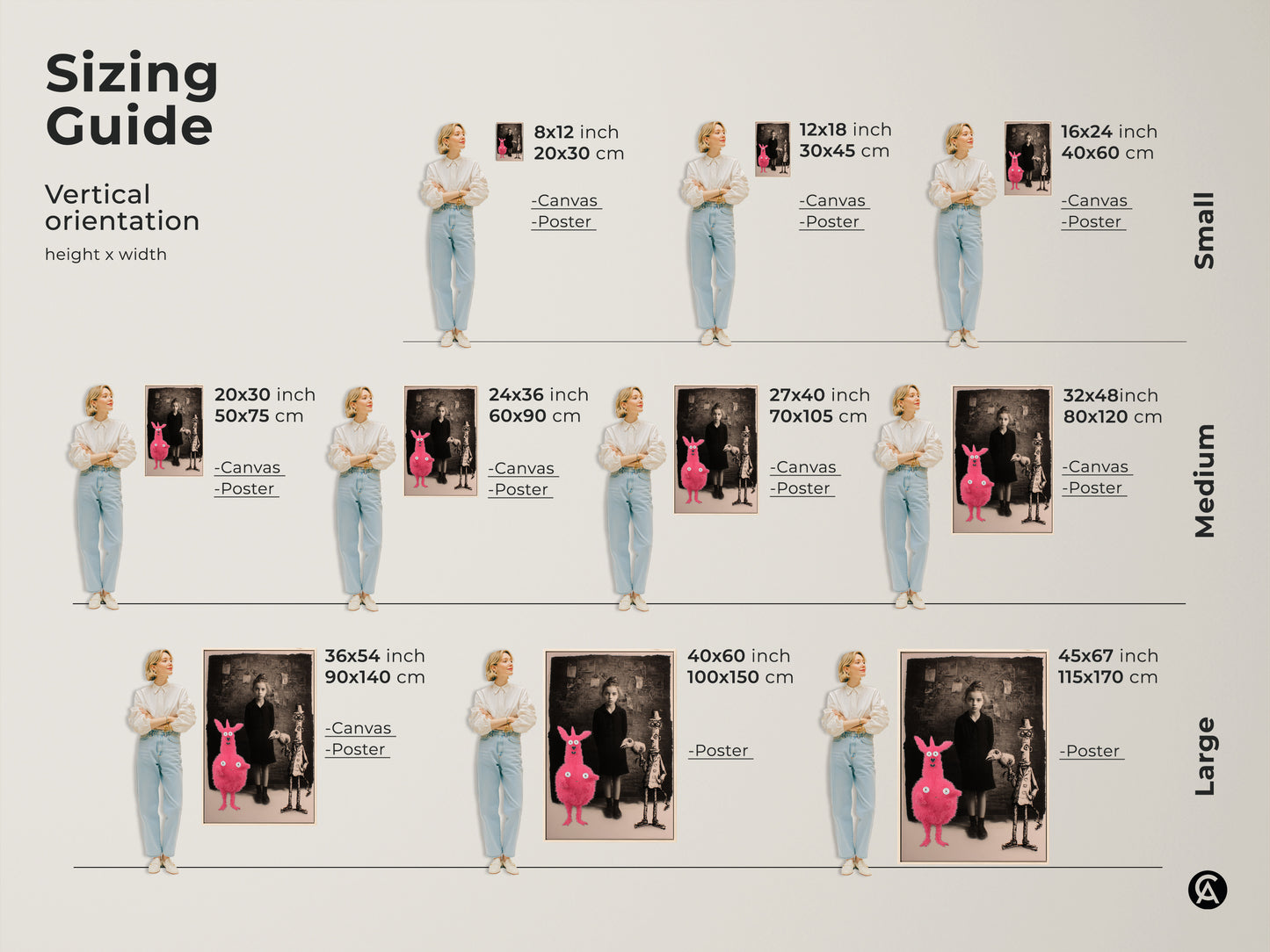 Sizing guide for vertical orientation art print. Featuring a surreal girl with a pink creature and birdman. Available in small medium and large sizes for canvas and poster prints. Find the perfect fit for your space and style.