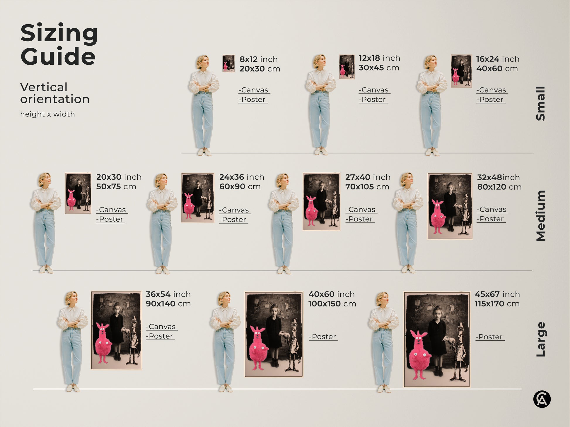 Sizing guide for vertical orientation art print. Featuring a surreal girl with a pink creature and birdman. Available in small medium and large sizes for canvas and poster prints. Find the perfect fit for your space and style.