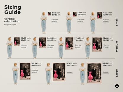 Sizing guide for vertical orientation art print. Featuring a surreal girl with a pink creature and birdman. Available in small medium and large sizes for canvas and poster prints. Find the perfect fit for your space and style.