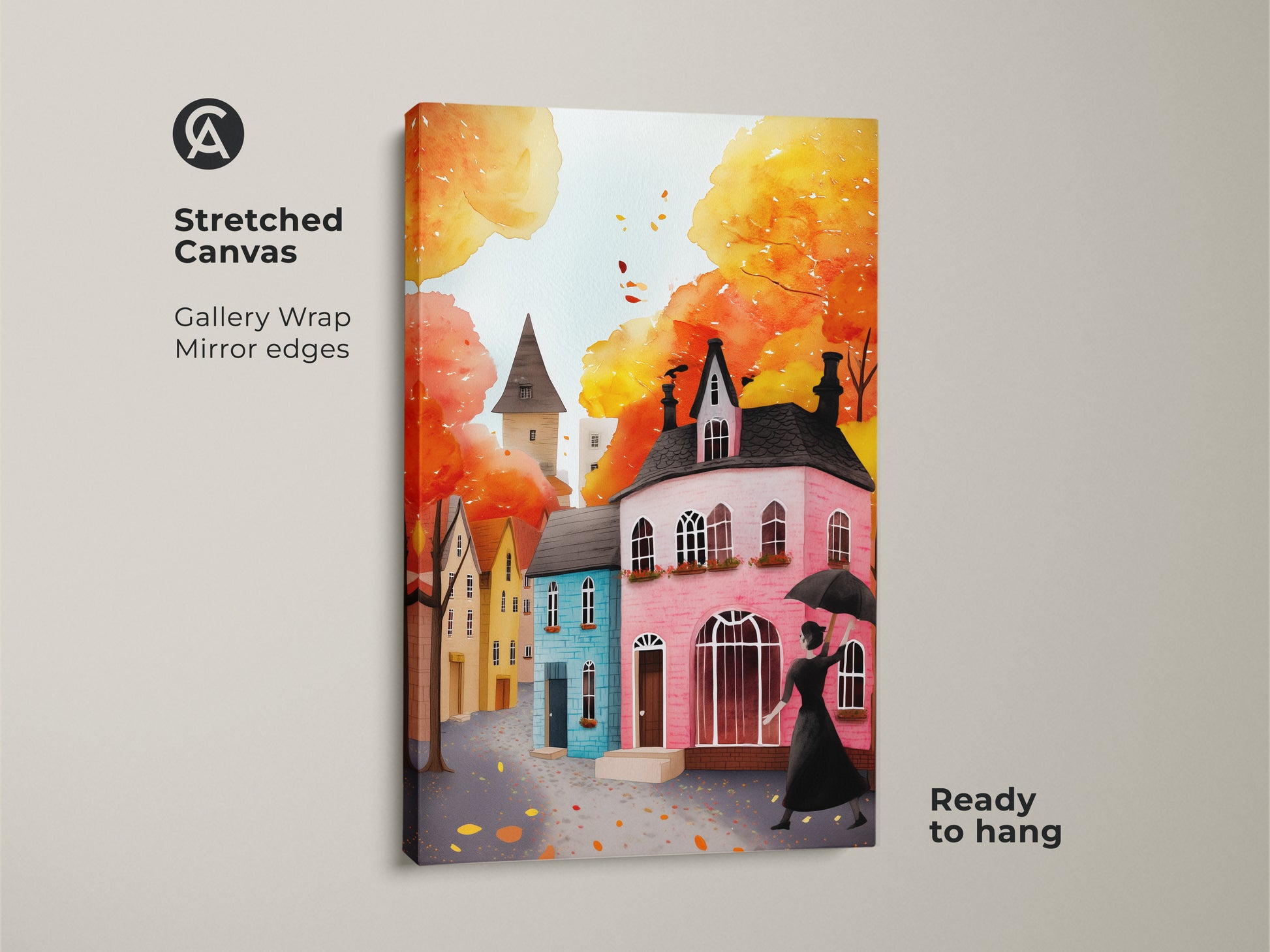 Stretched canvas art print of an autumn cityscape. The artwork features a woman with an umbrella and charming houses. Gallery wrapped with mirror edges this piece is ready to hang. The watercolor style and warm colors bring a cozy fall feel to any eclectic home. Add a touch of autumn charm to your walls.