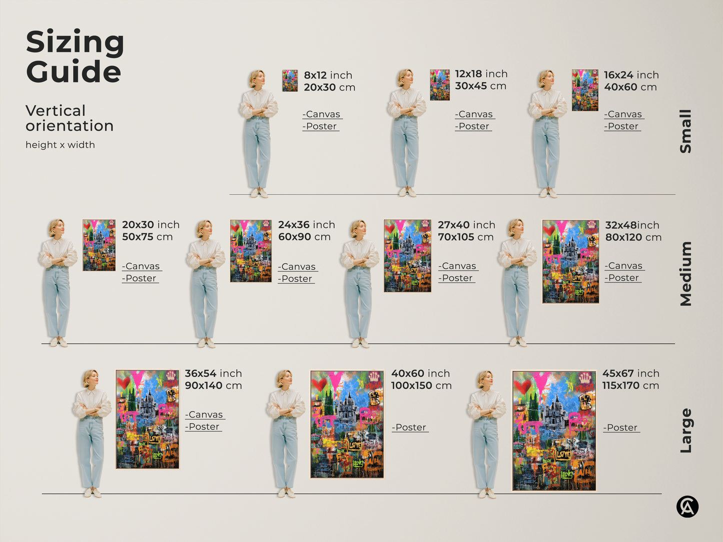 Sizing guide for vertical graffiti cityscape art prints. Available as canvas or poster in sizes from small to large. Find the perfect fit for your space 8x12 to 45x67 inches. Elevate your decor with urban art.