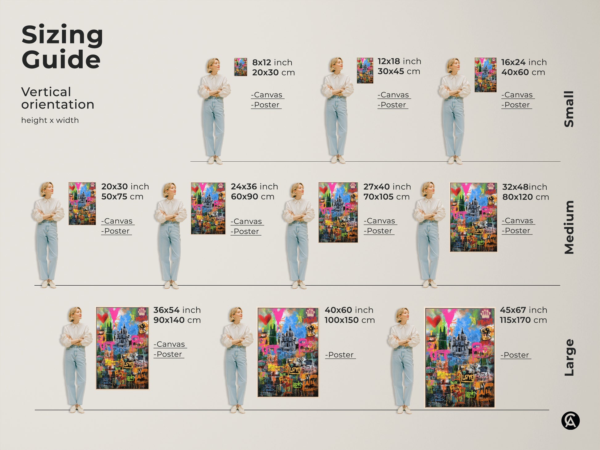 Sizing guide for vertical graffiti cityscape art prints. Available as canvas or poster in sizes from small to large. Find the perfect fit for your space 8x12 to 45x67 inches. Elevate your decor with urban art.