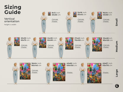 Sizing guide for vertical graffiti cityscape art prints. Available as canvas or poster in sizes from small to large. Find the perfect fit for your space 8x12 to 45x67 inches. Elevate your decor with urban art.